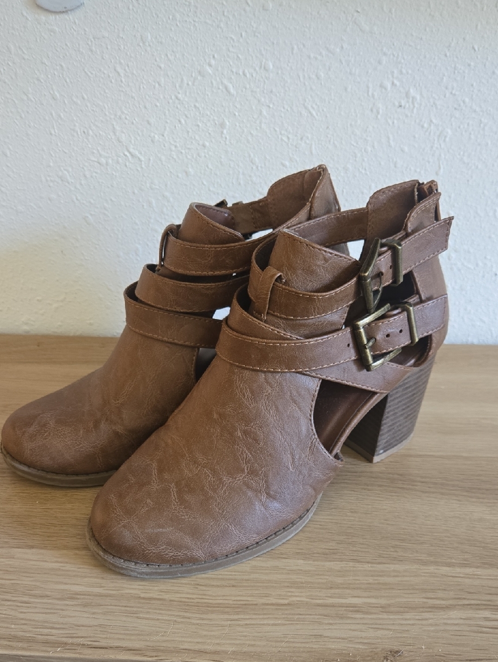 Brown Cutout Buckle Booties